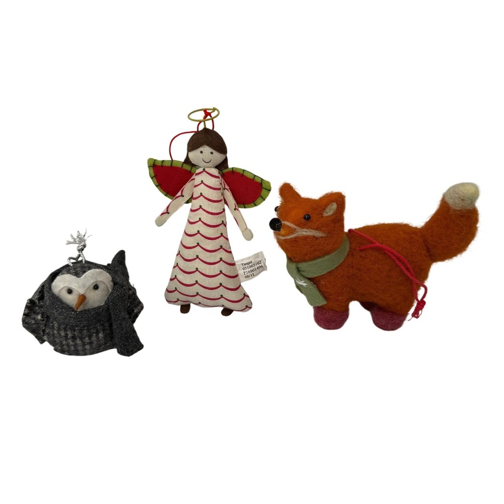 Target Christmas Ornaments Lot 3 Angel Fox Owl Felt Tweed Fabric Holiday Decor